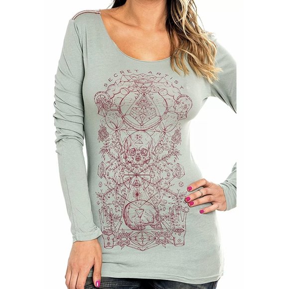 SECRET ARTIST by AFFLICTION Women's T-Shirt L/S TIME CHANGES Tee - Picture 1 of 11